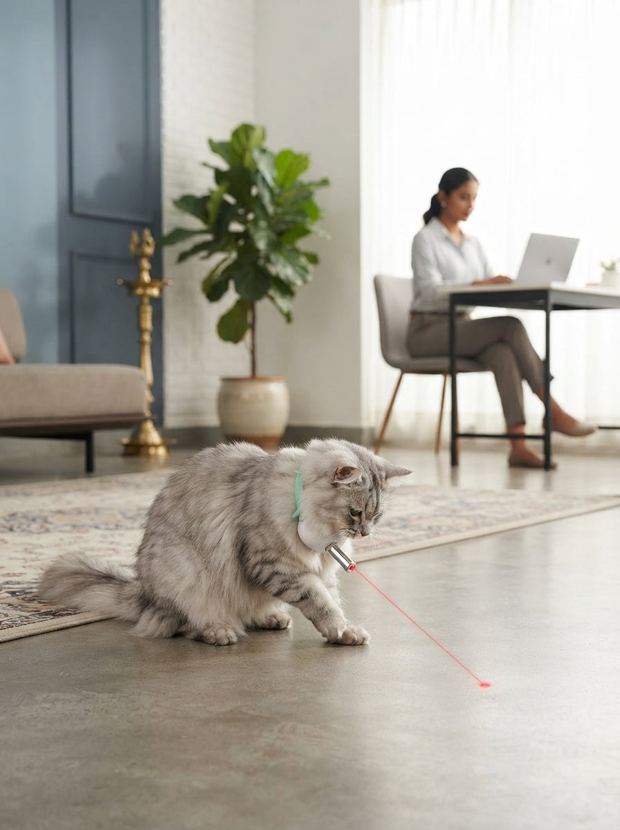 A cat wearing an automatic LED laser toy collar in a modern living room with slate and dusty blue decor.